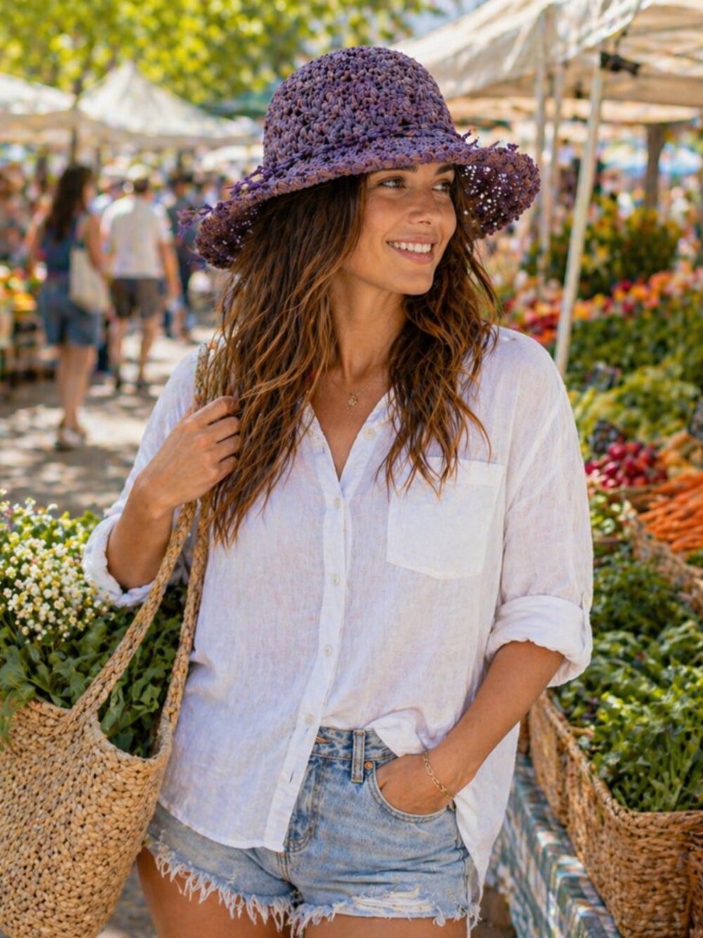 Callanan Vintage Crocheted Raffia Sun Hat – Wide Brim, Scalloped Edge – Purple